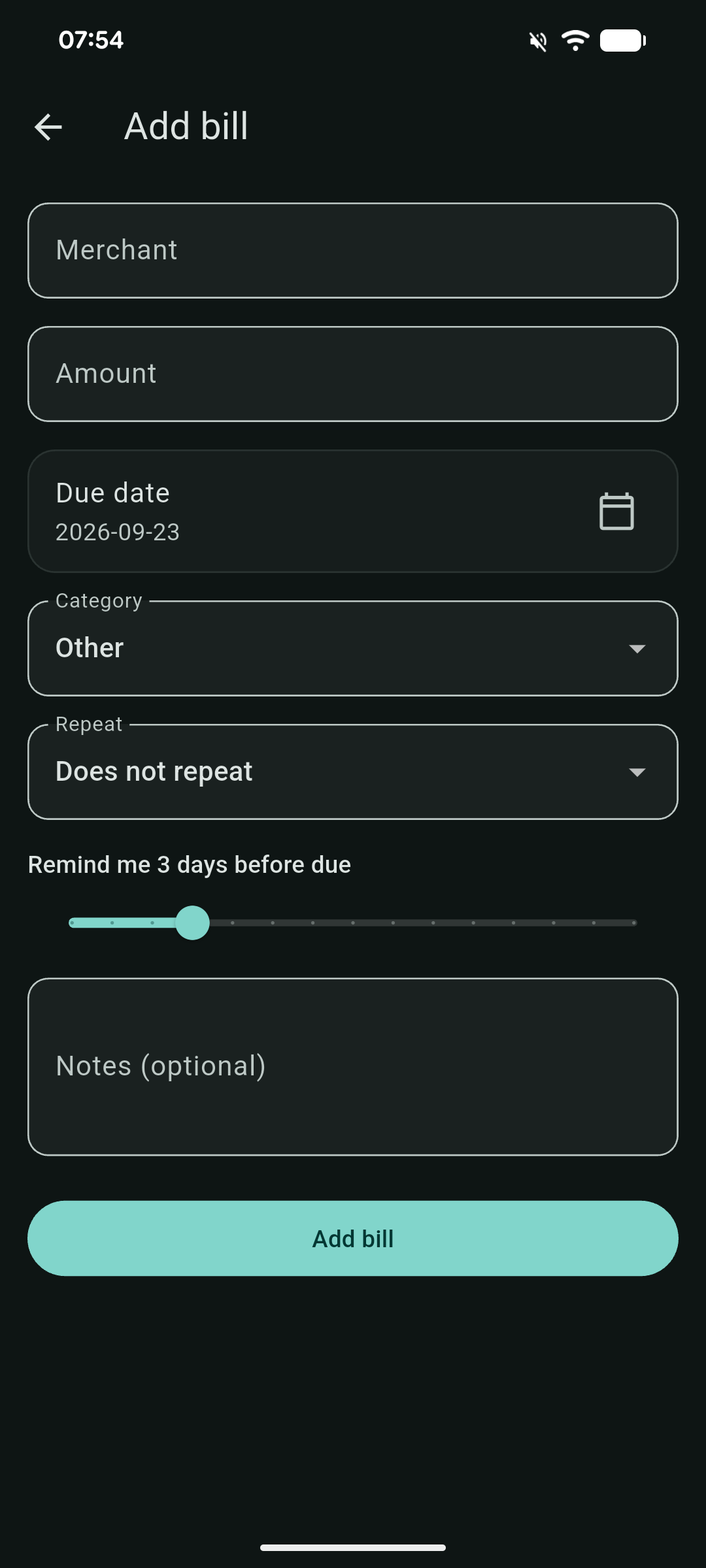 Add bill form with merchant, amount, due date, and reminders
