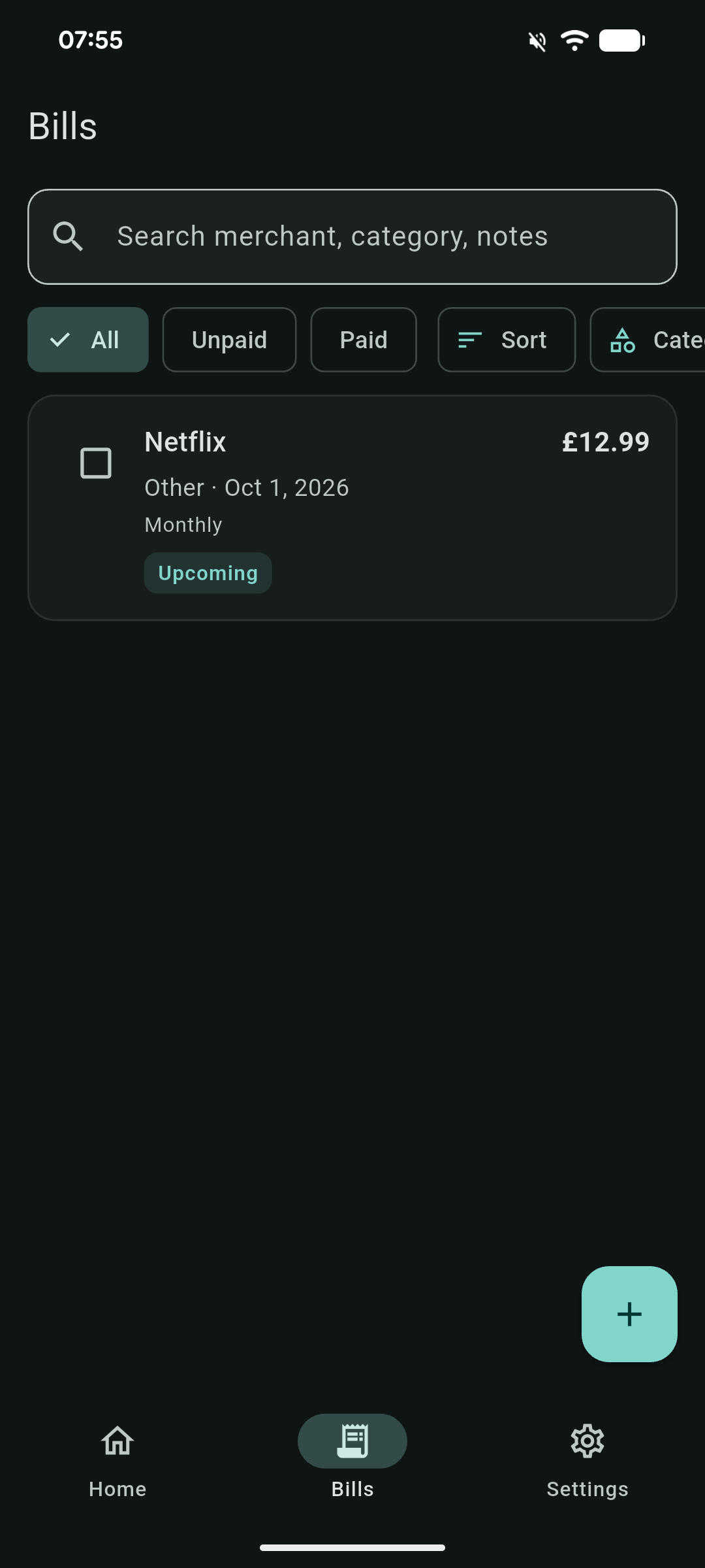 Bills list with search, filters, and a monthly Netflix bill