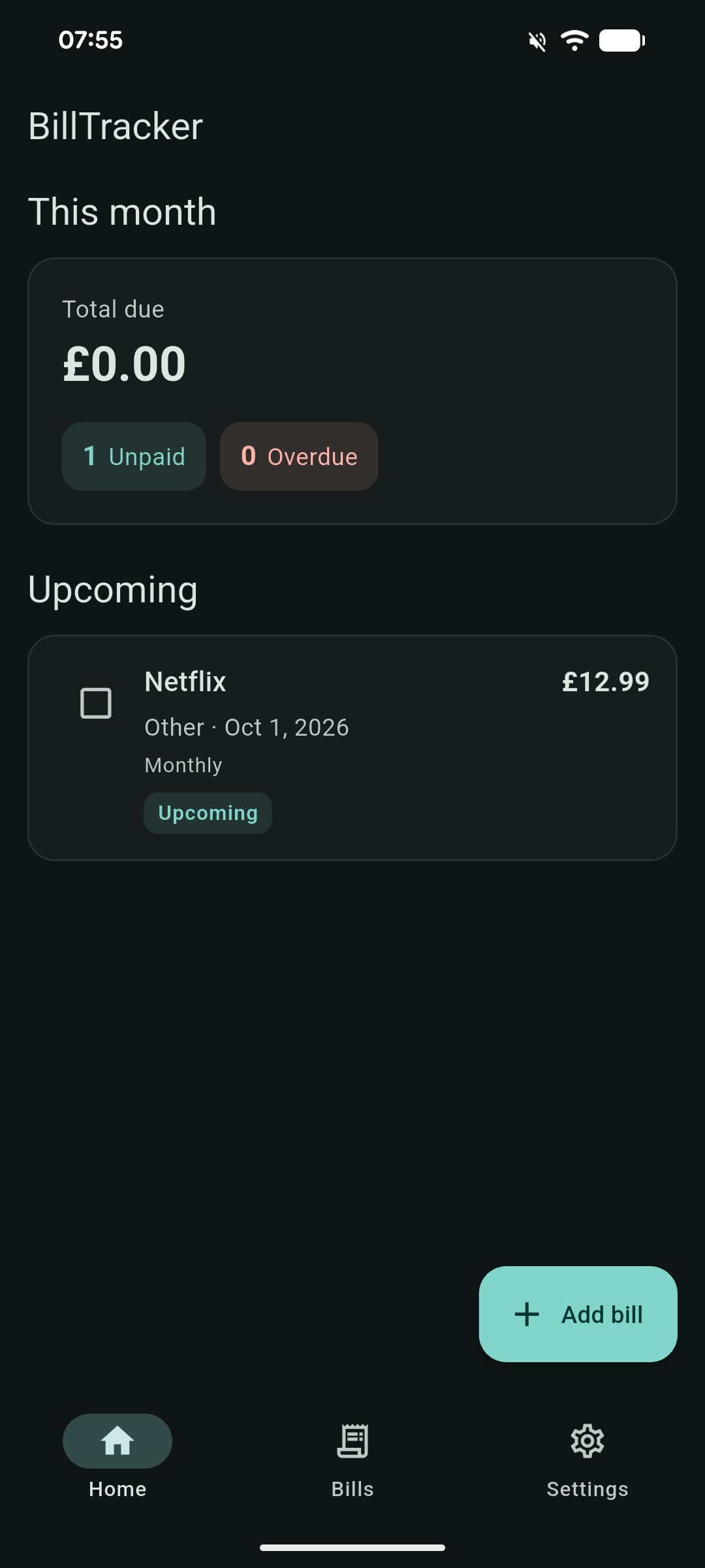 BillTracker home screen showing this month’s total and an upcoming Netflix bill